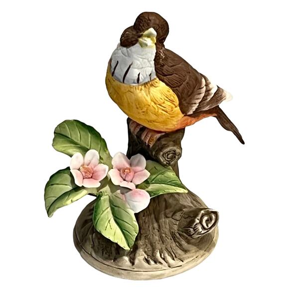 VTG Yellow ROBIN BIRD FIGURINE 5.5" Porcelain Lefton China Tree Pink Flowers - Picture 1 of 5